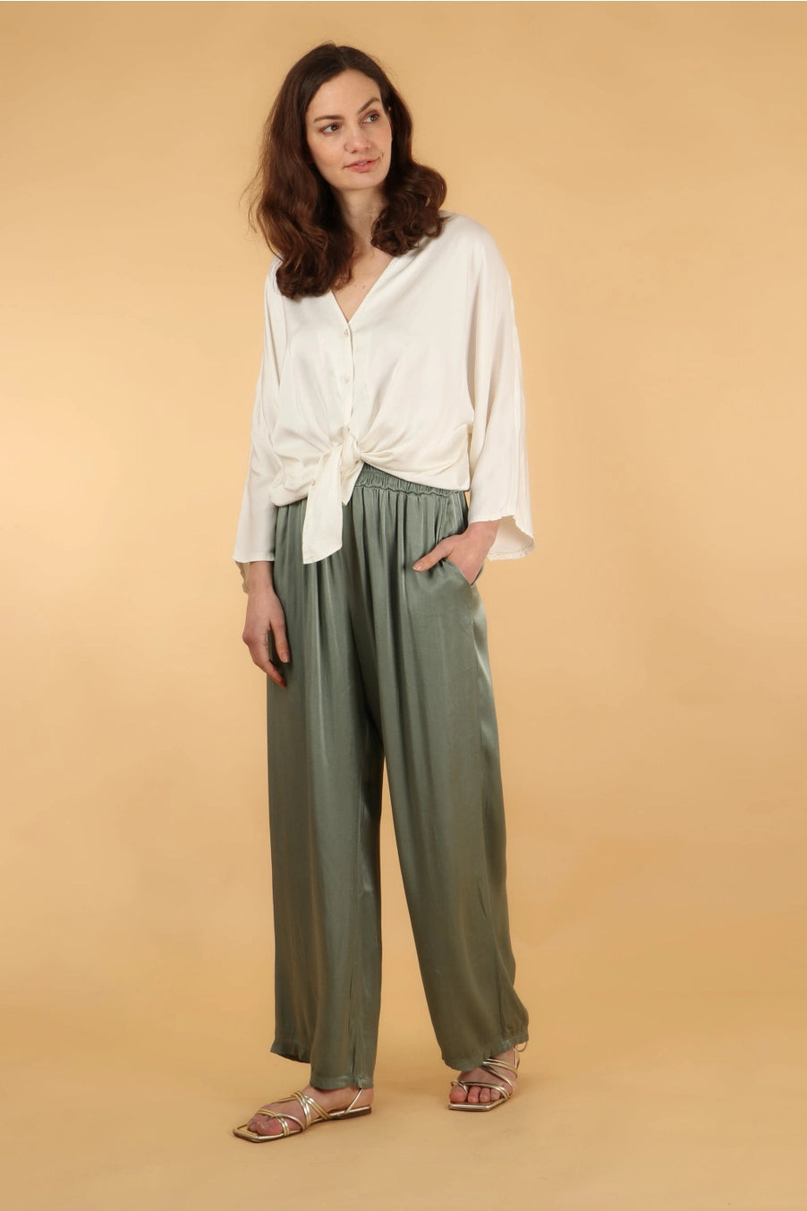 Coulda Silk Feel Textured Wide Leg Trousers in Sage Green