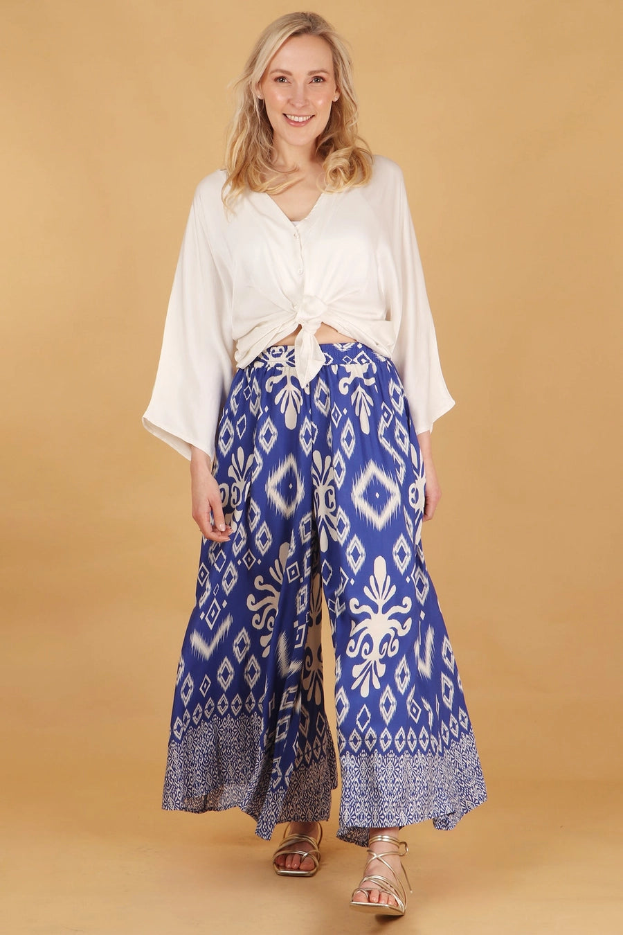 Ela Ikat Print Wide Leg Palazzo Trousers in Blue and White