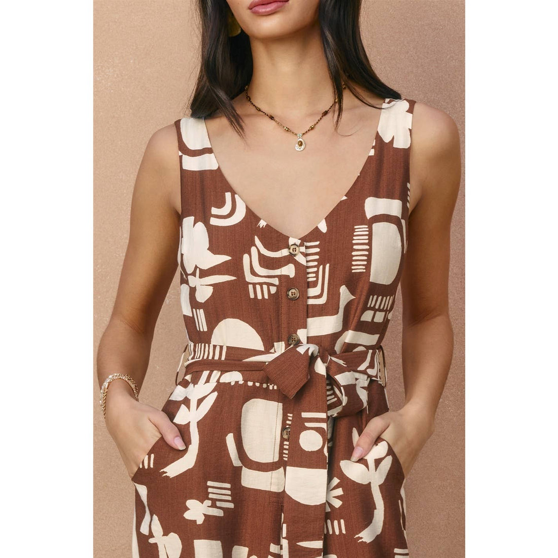 Sun & Clay Button Down Sash Belt Jumpsuit