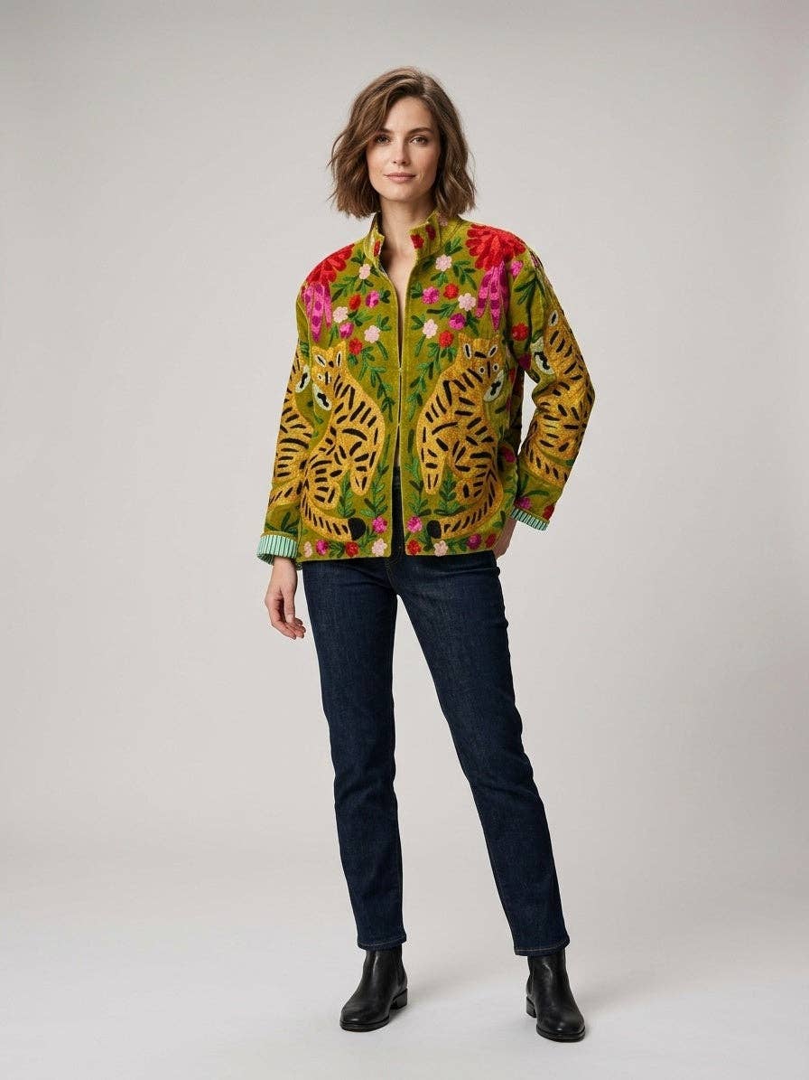 The Buford Susani — Hand-Embroidered Velvet Jacket in Moss Green