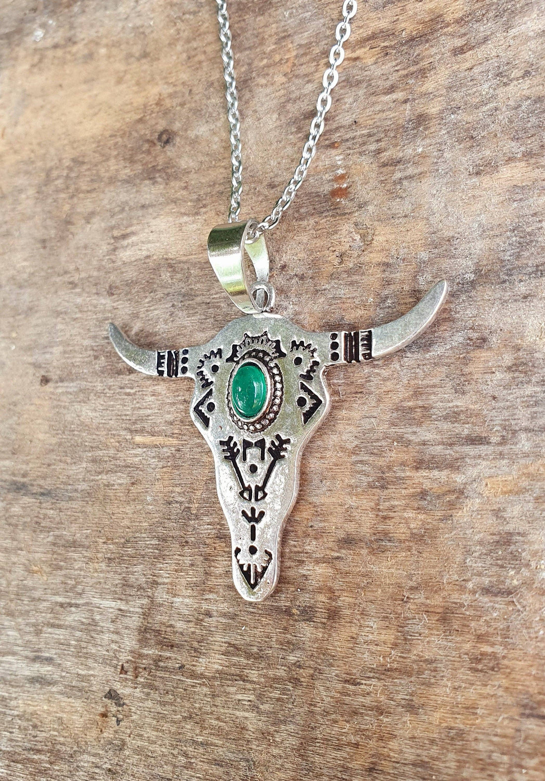 RANCH Silver Pendant Cow Necklace with Green Onyx Stone, Stainless Steel Chain