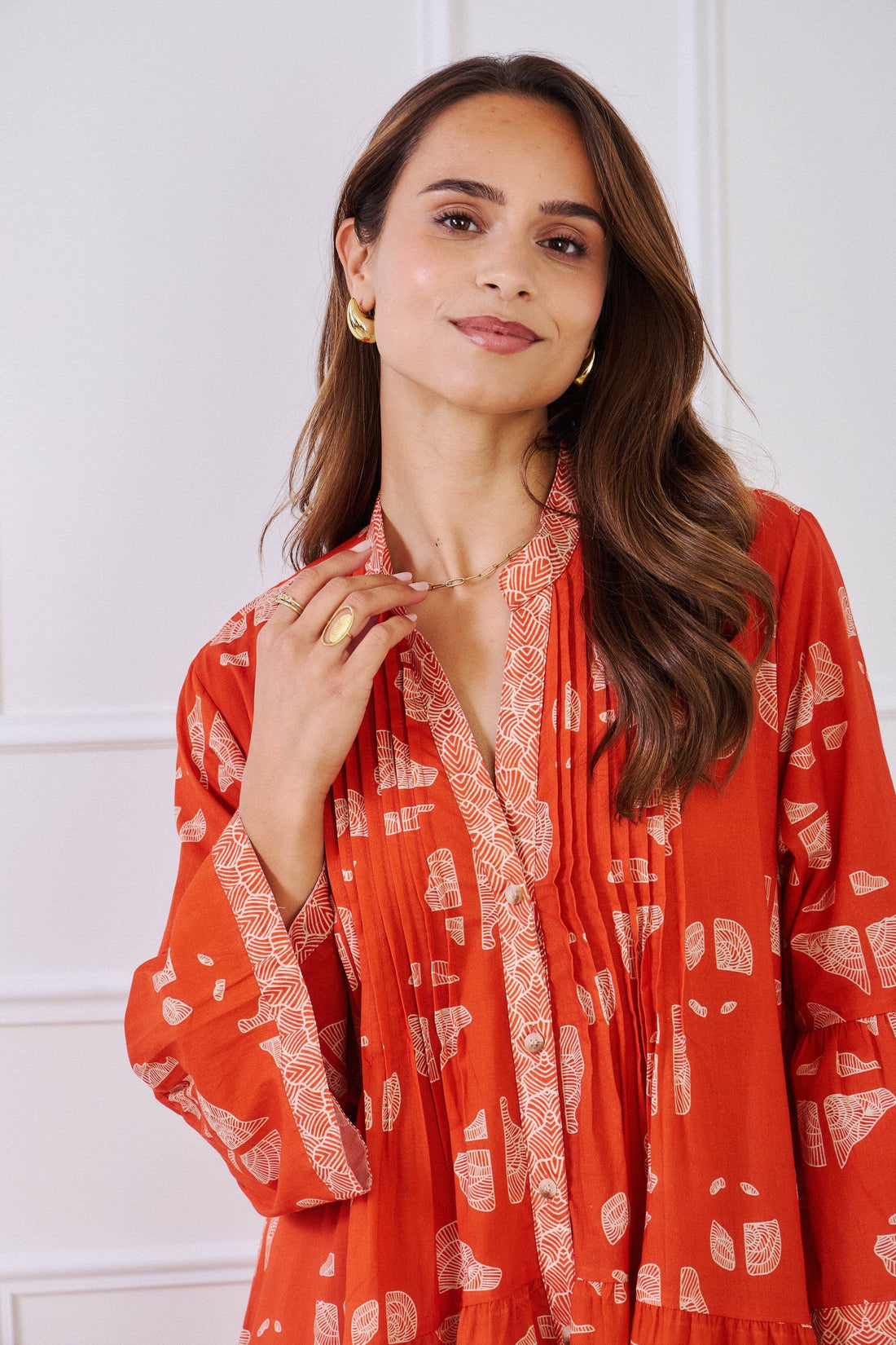 SHELLIE A-line short cotton dress in Orange Winged print
