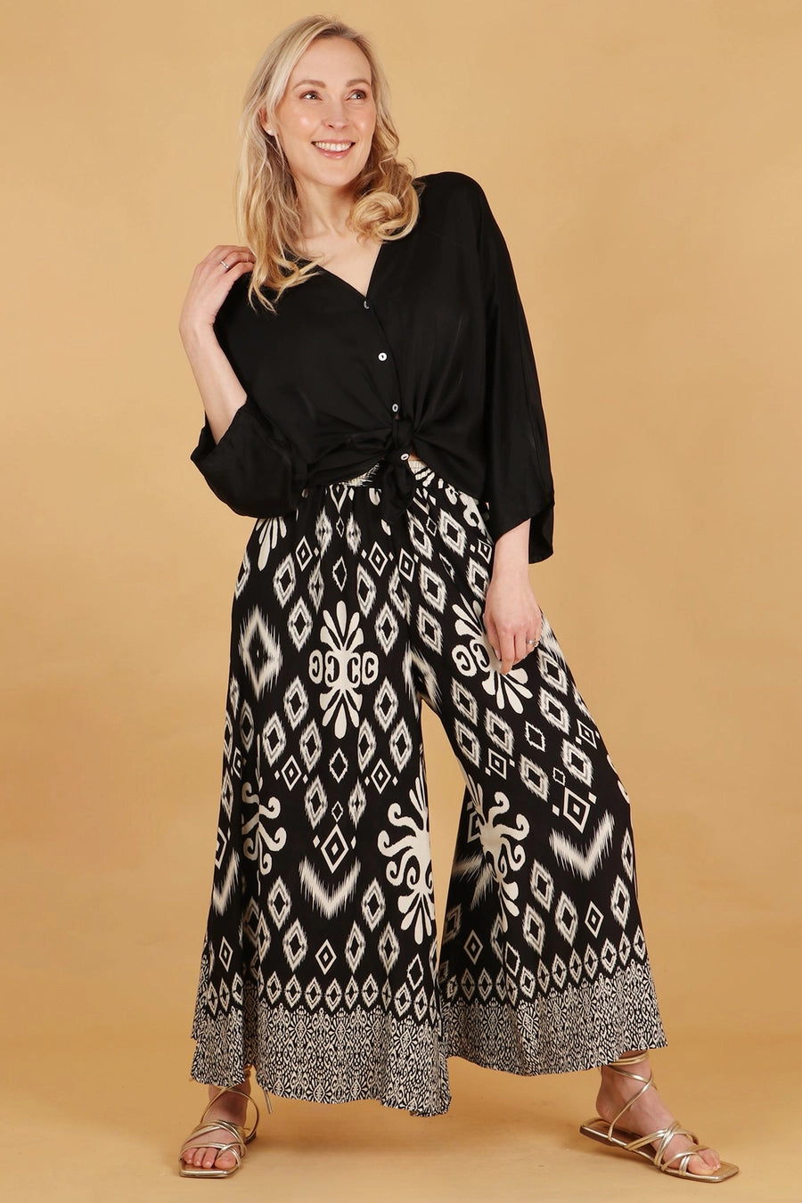 Ela Ikat Print Wide Leg Palazzo Trousers in Black and White