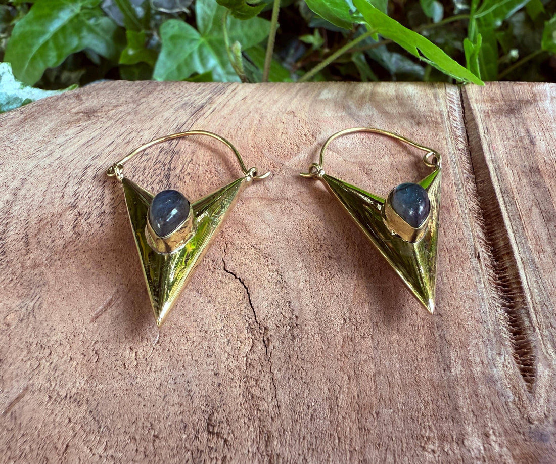 LEO Labradorite & Brass Triangle Earrings