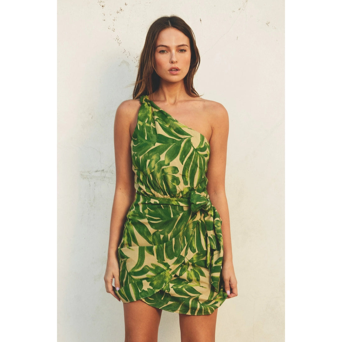 Beautiful Escape One Shoulder Mini Dress in Ibiza Palm Print