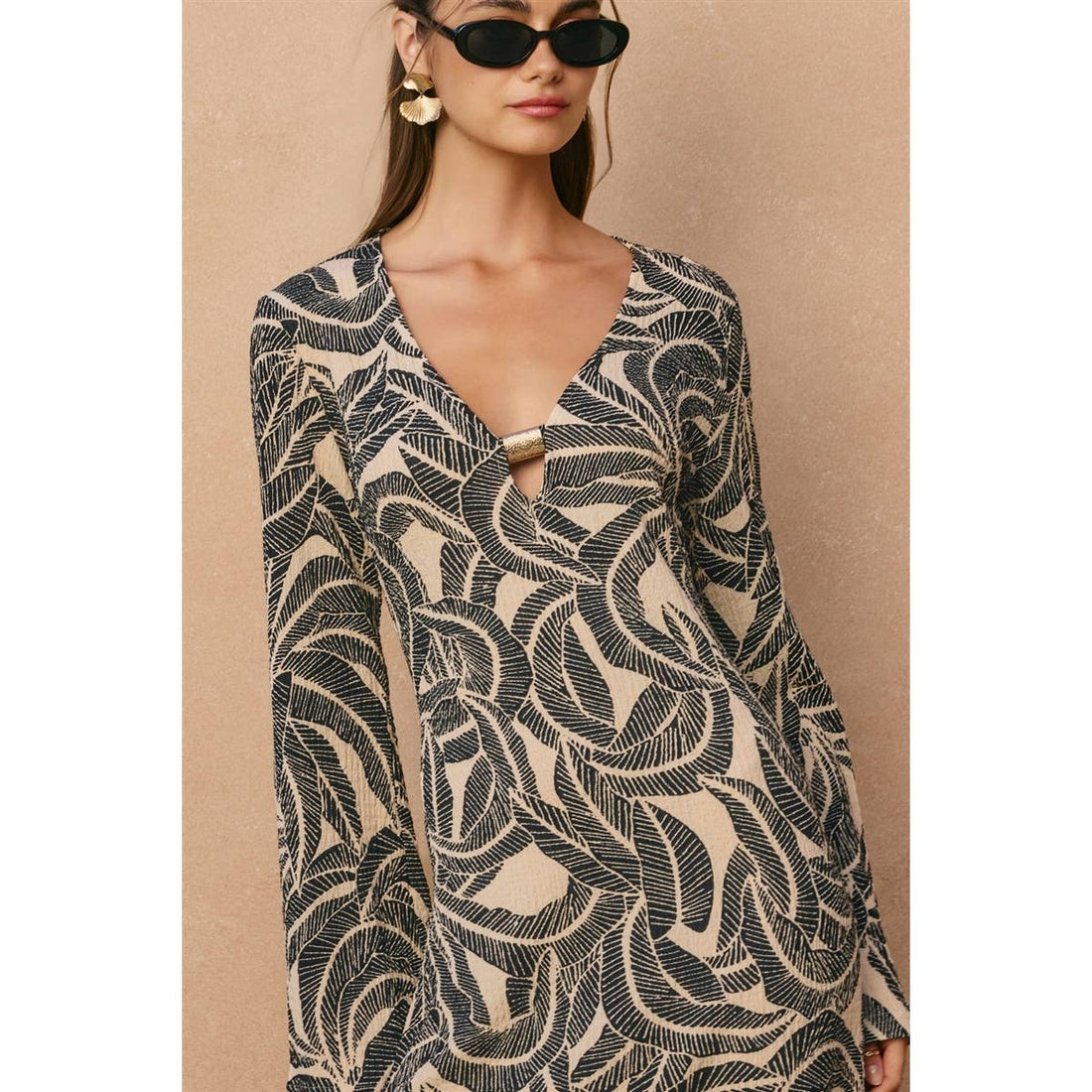 TIA Saltwater Blush Gold Bead Bell Sleeve Maxi Dress