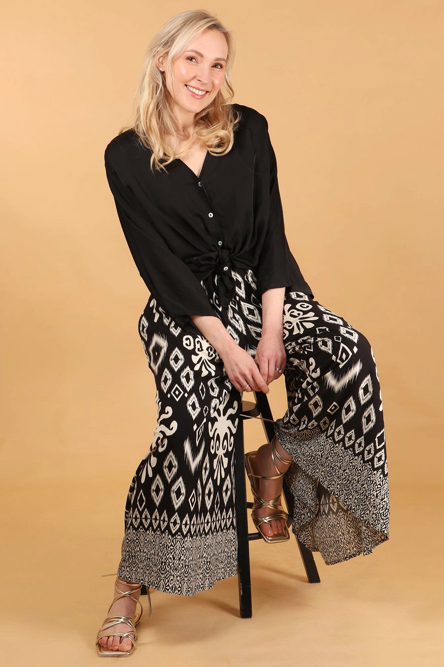 Ela Ikat Print Wide Leg Palazzo Trousers in Black and White