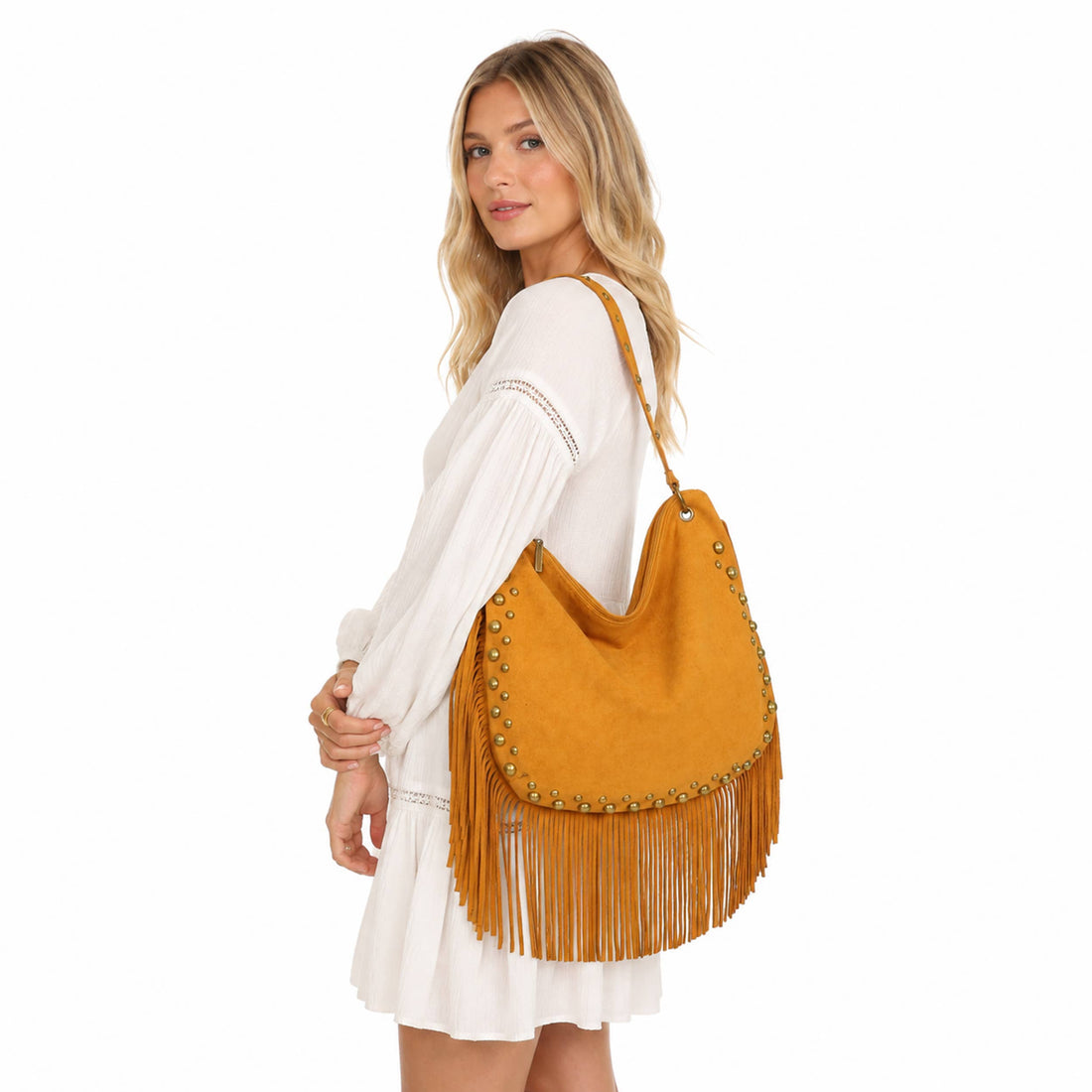 Huxley Studded Fringe Boho Slouchy Hobo Crossbody Shoulder Bag