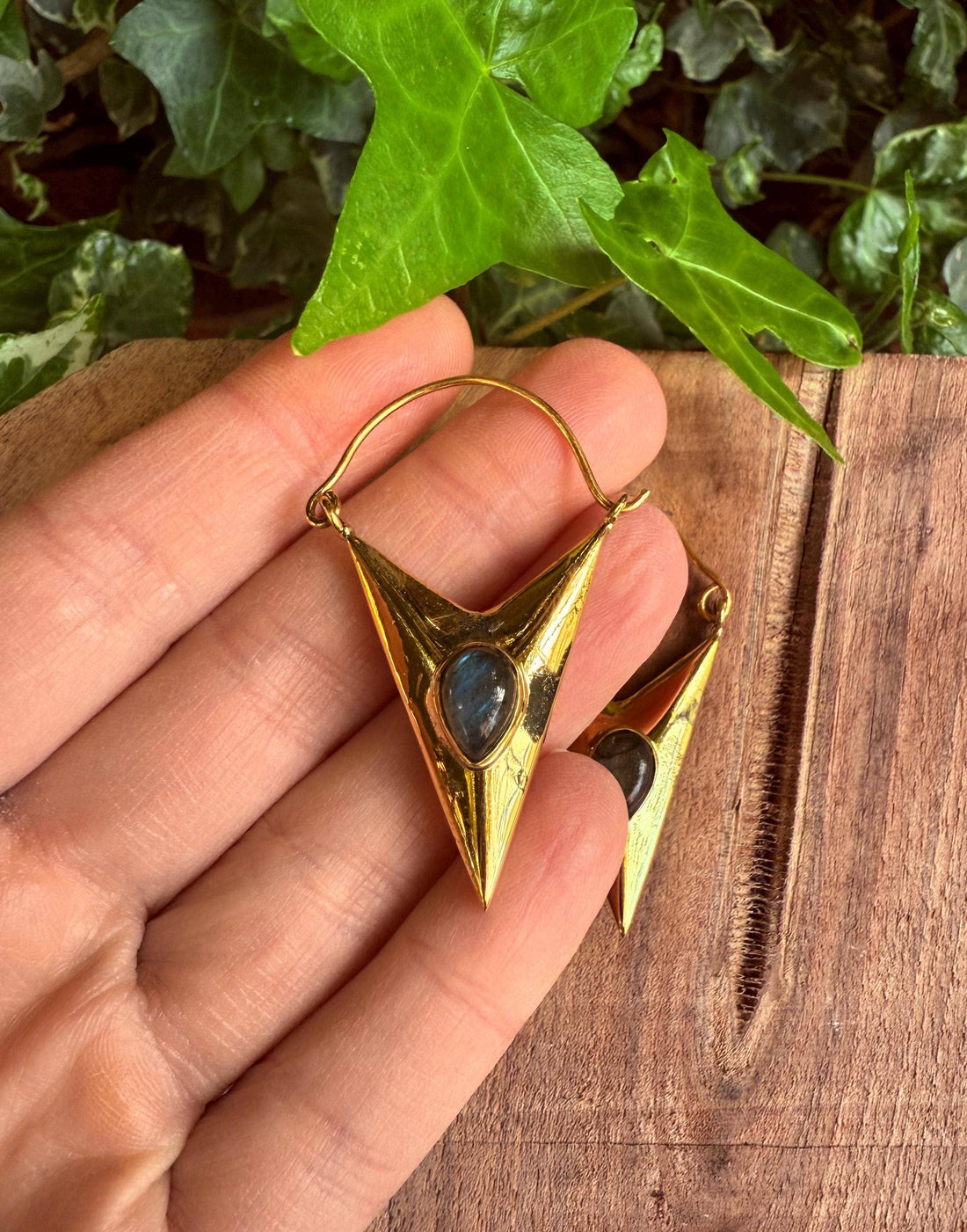 LEO Labradorite & Brass Triangle Earrings