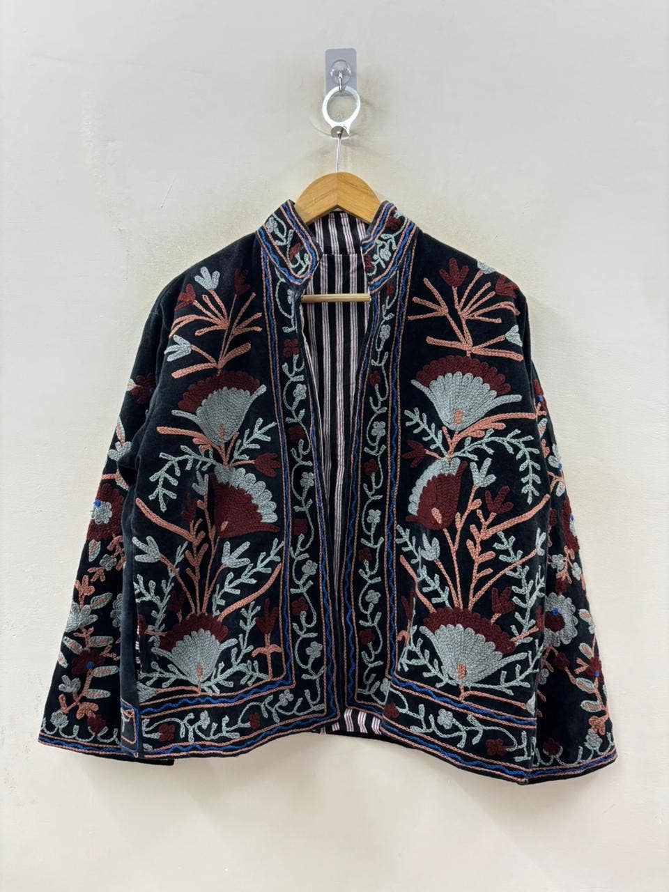 The Midnight Garden — Susani Hand-Embroidered Boho Velvet Jacket - Black with Dusty Rose, Slate & Burgundy