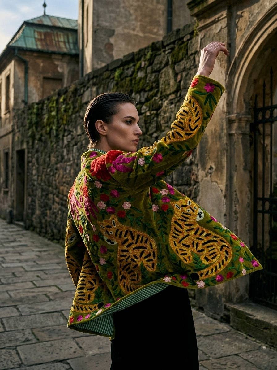 The Buford Susani — Hand-Embroidered Velvet Jacket in Moss Green