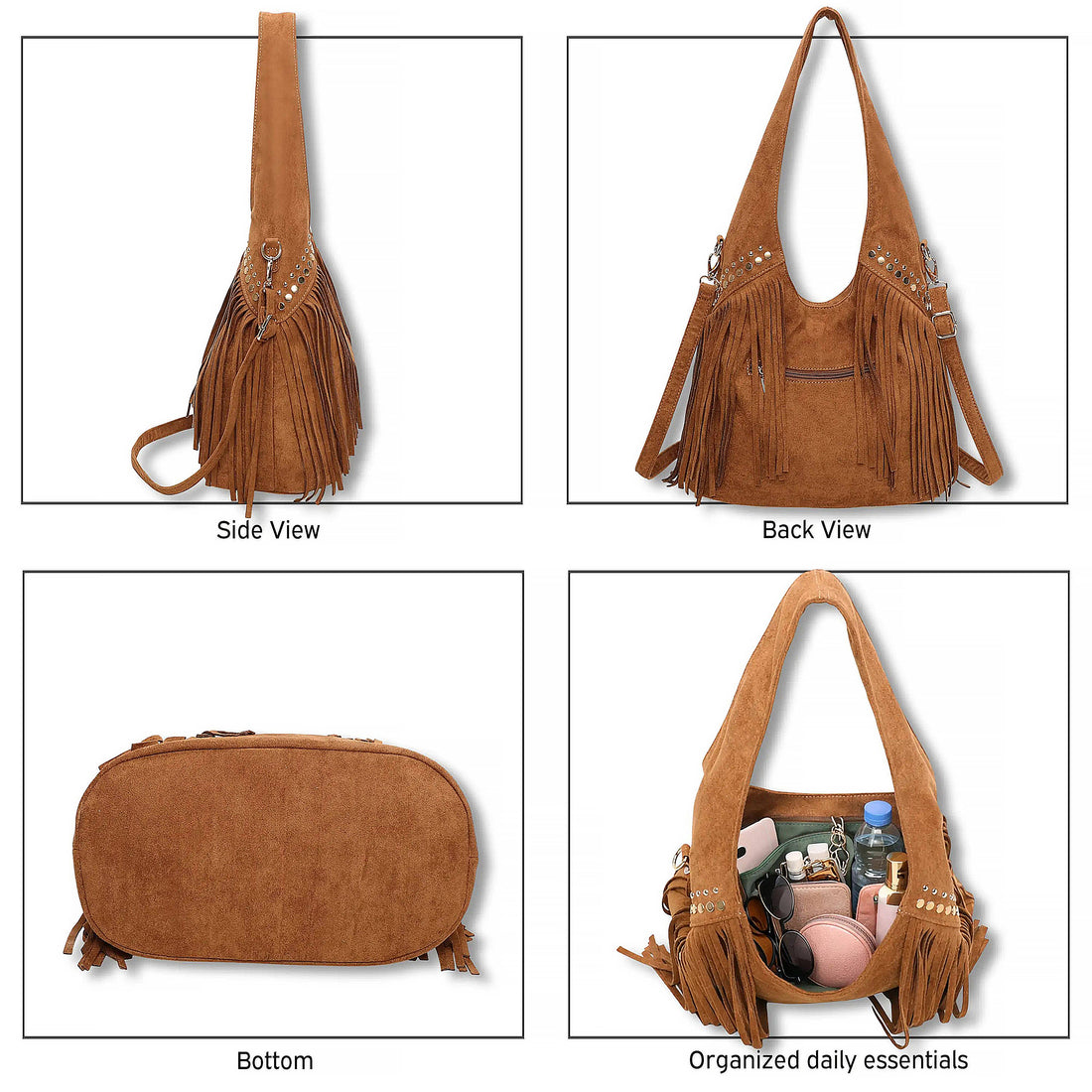 LAINA Large Faux Suede Soft Fringe Studded Hobo Shoulder Bag