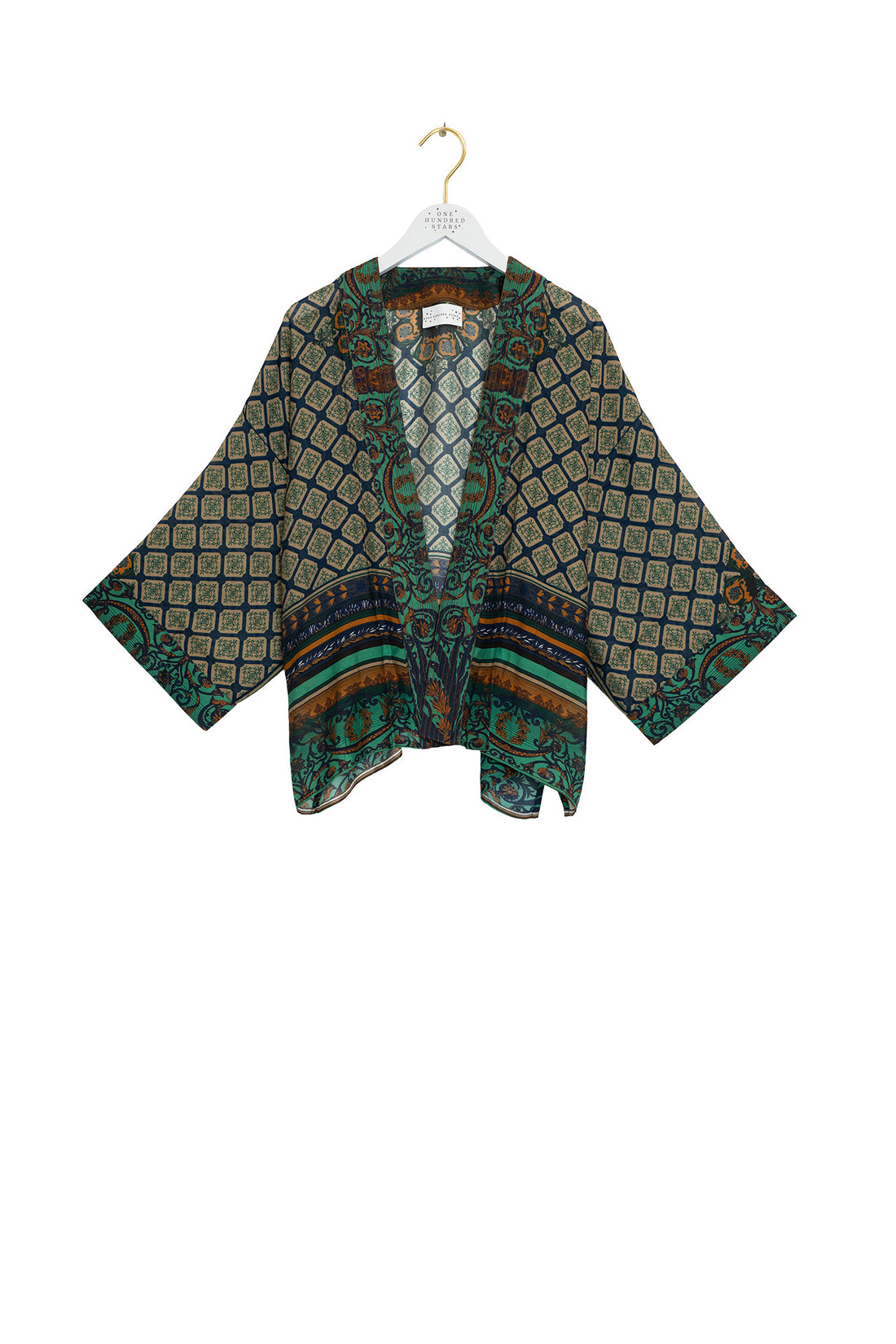 One Hundred Stars Lightweight Short Kimono in Emerald Amulet Print - KIMAMUEML