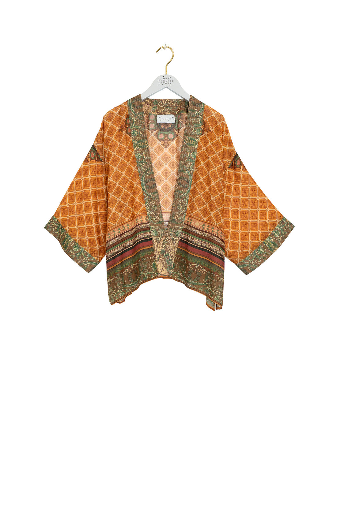 One Hundred Stars Lightweight Short Kimono in Gold Amulet Print - KIMAMUGLD