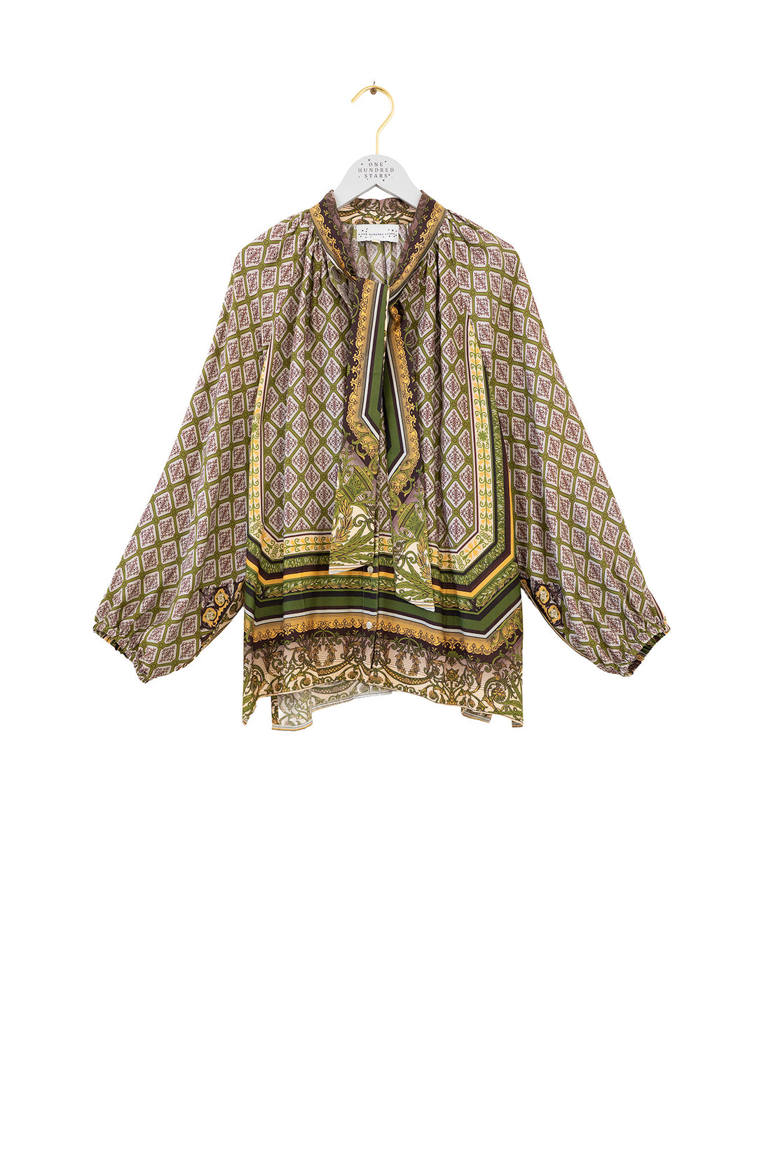 Pussybow Blouse in Green Amulet Print by One Hundred Stars - TPBAMUGRN