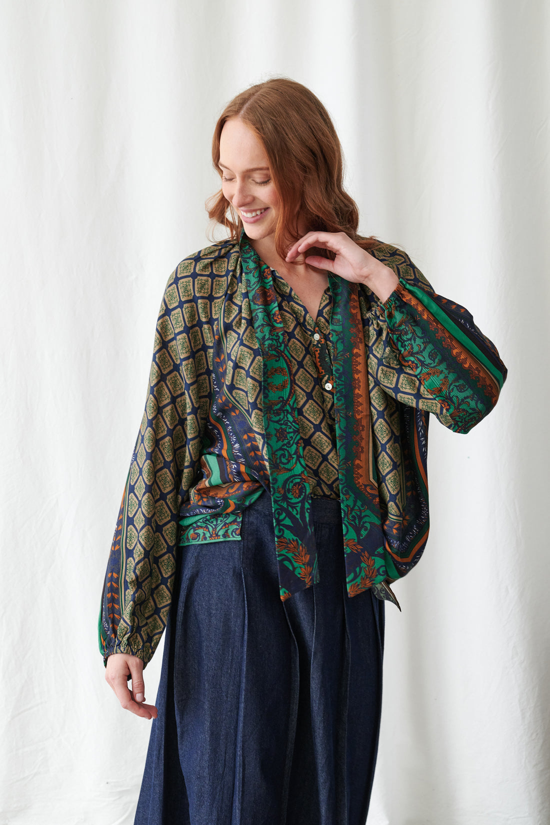 Pussybow Blouse in Emerald Amulet Print by One Hundred Stars - TPBAMUEML