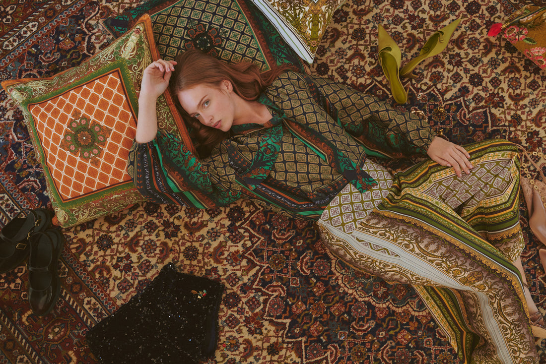 Pussybow Blouse in Emerald Amulet Print by One Hundred Stars - TPBAMUEML