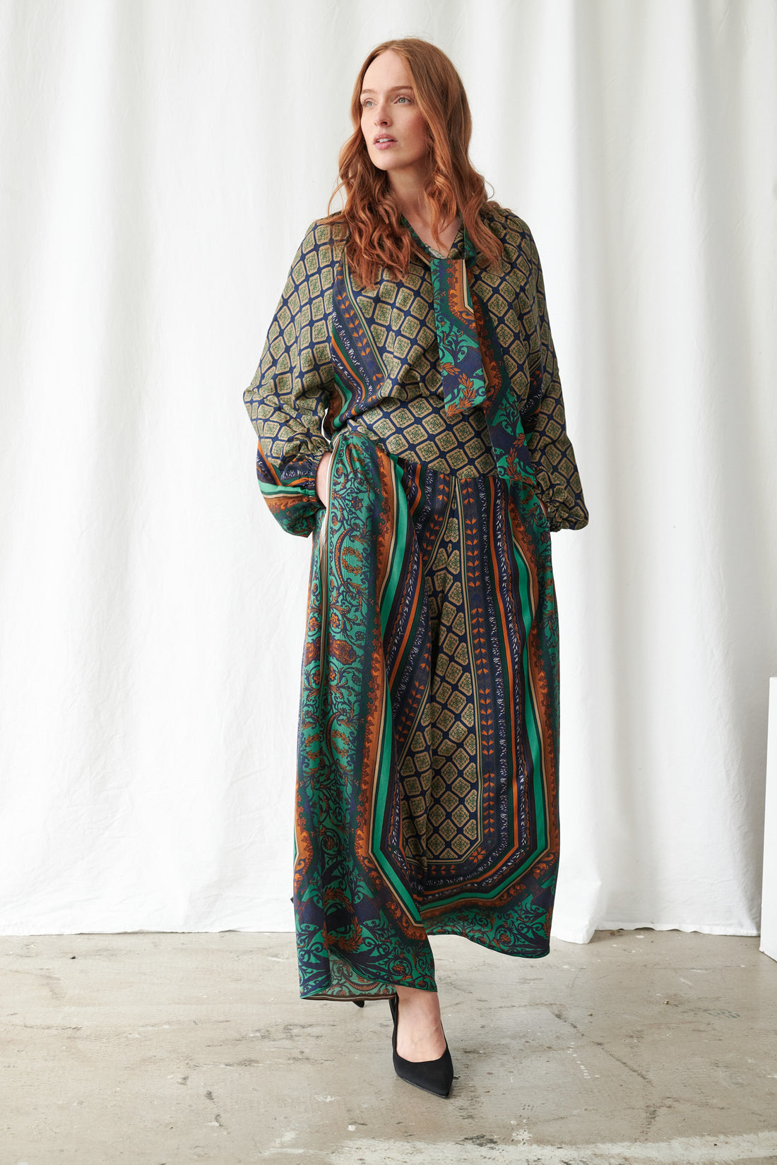 Pussybow Blouse in Emerald Amulet Print by One Hundred Stars - TPBAMUEML