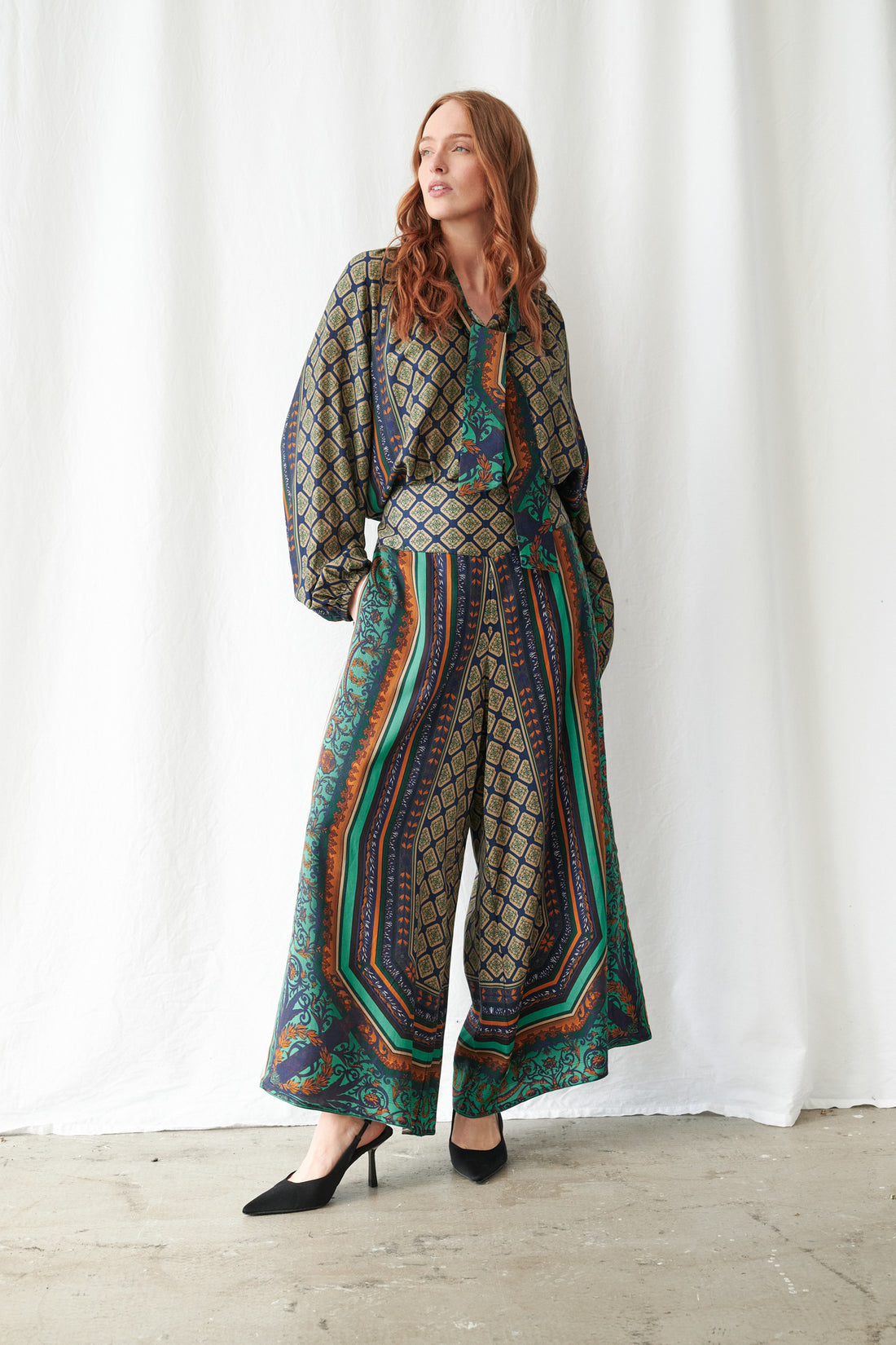 Pussybow Blouse in Emerald Amulet Print by One Hundred Stars - TPBAMUEML