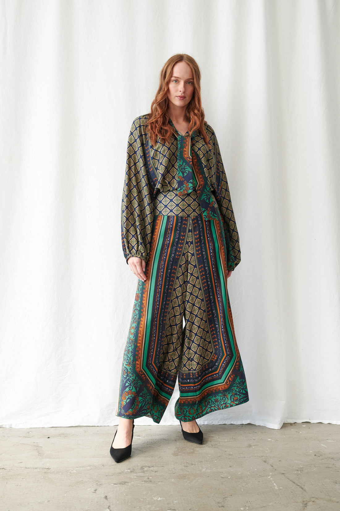 Pussybow Blouse in Emerald Amulet Print by One Hundred Stars - TPBAMUEML