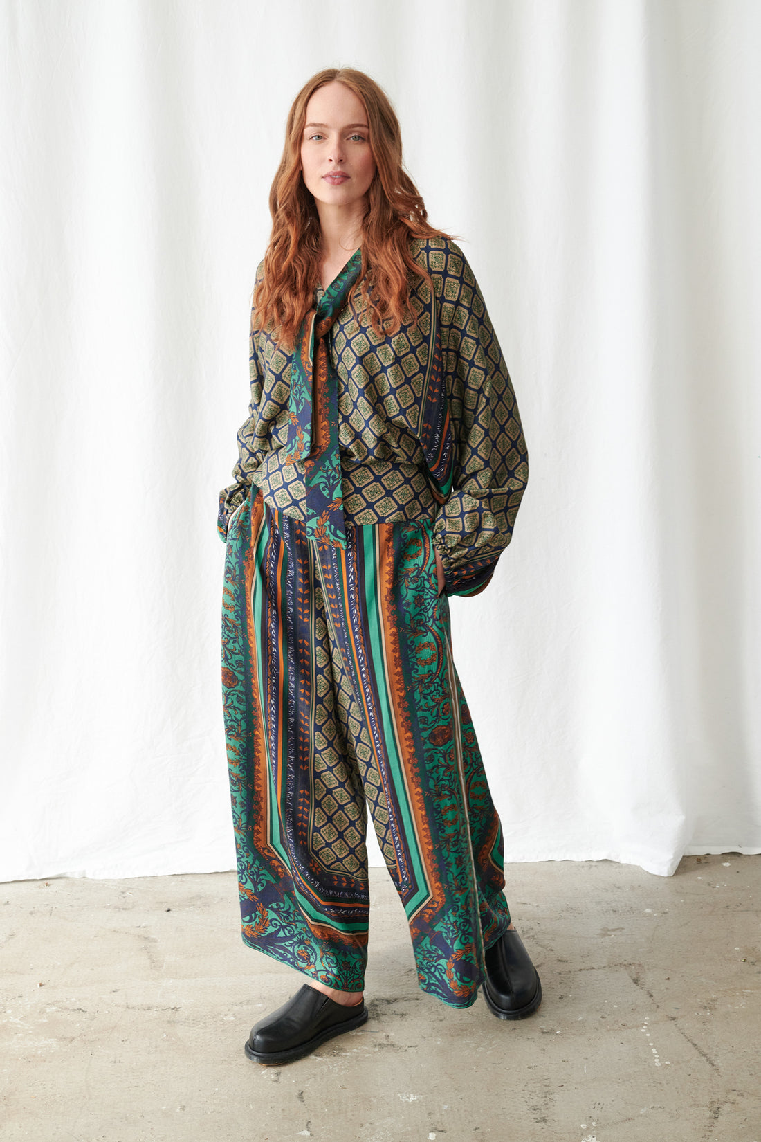 Pussybow Blouse in Emerald Amulet Print by One Hundred Stars - TPBAMUEML
