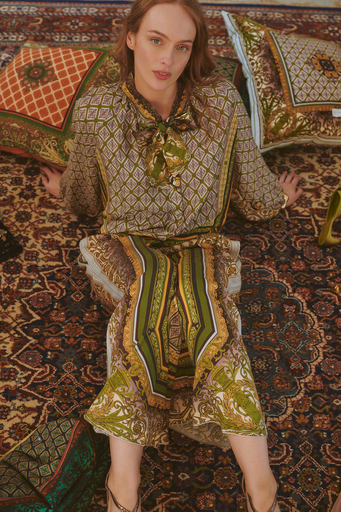 Pussybow Blouse in Green Amulet Print by One Hundred Stars - TPBAMUGRN