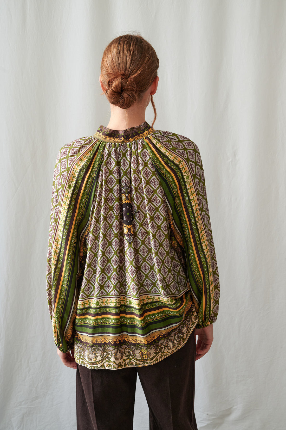 Pussybow Blouse in Green Amulet Print by One Hundred Stars - TPBAMUGRN