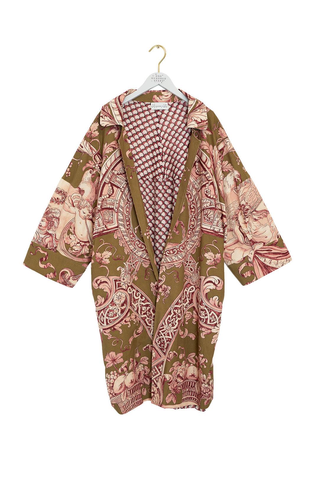 One Hundred Stars Artisan Coat Kimono in Olive Angels Print- One Size - ARTANGOLI