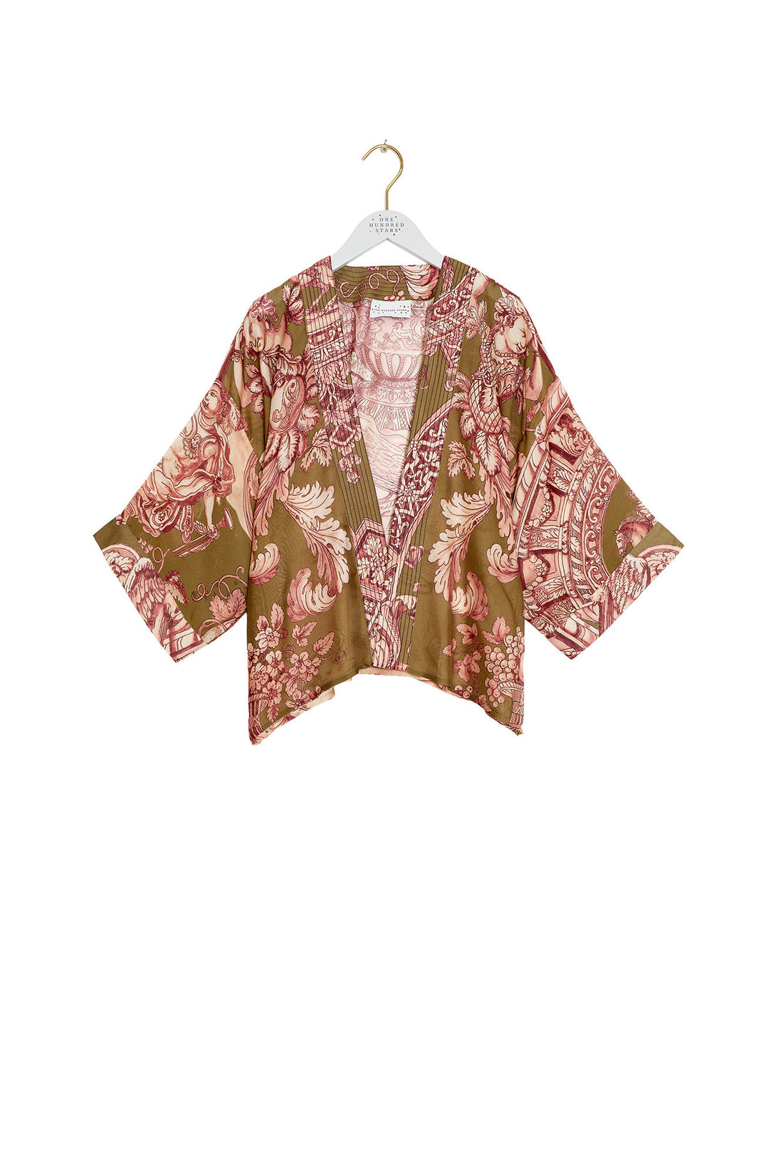 One Hundred Stars Lightweight Short Kimono in Angels Olive Print - KIMANGOLI