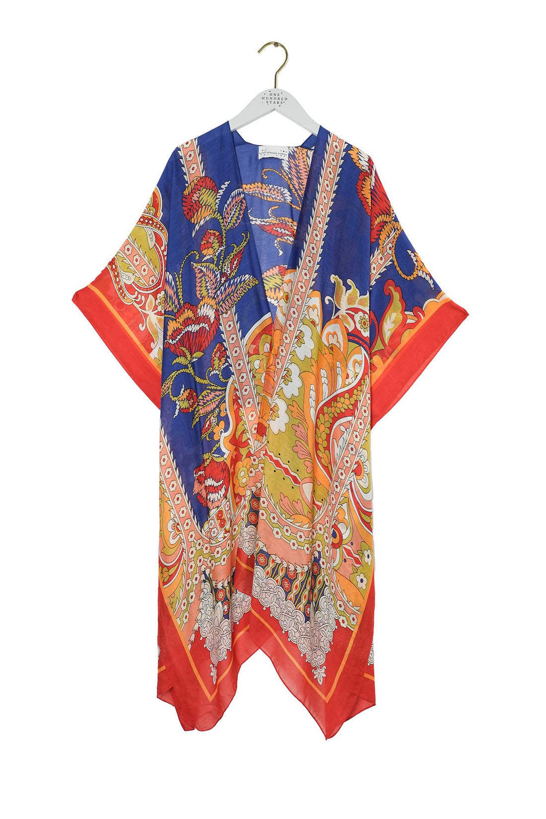 One Hundred Stars Mid Length Lightweight Throwover Kimono in Carnival Print Cobalt - THRCARCOB