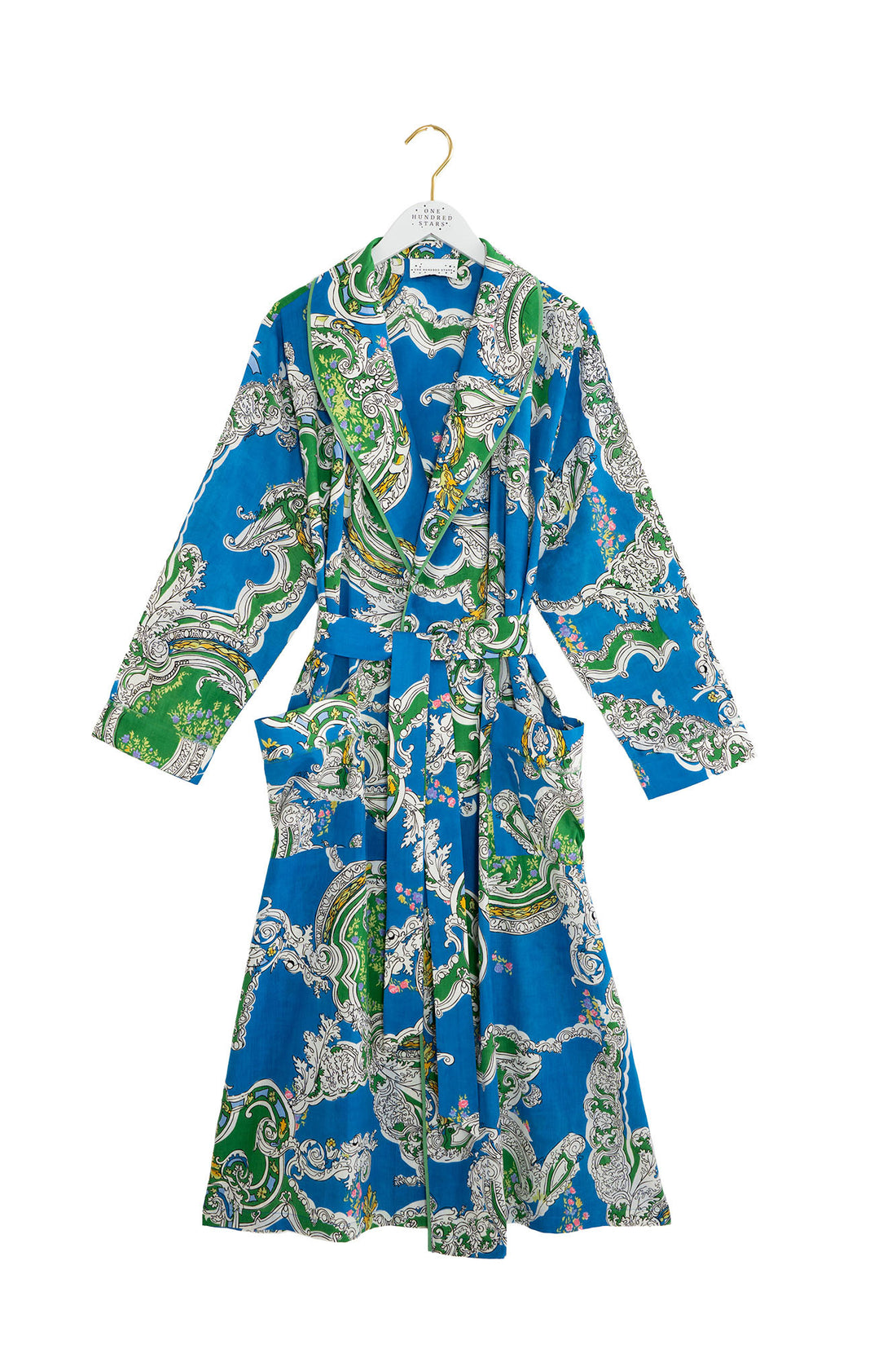 One Hundred Stars Sleeping Stars Spa Dressing Gown Kimono in Blue Cartouche Print - OGWCARBLU