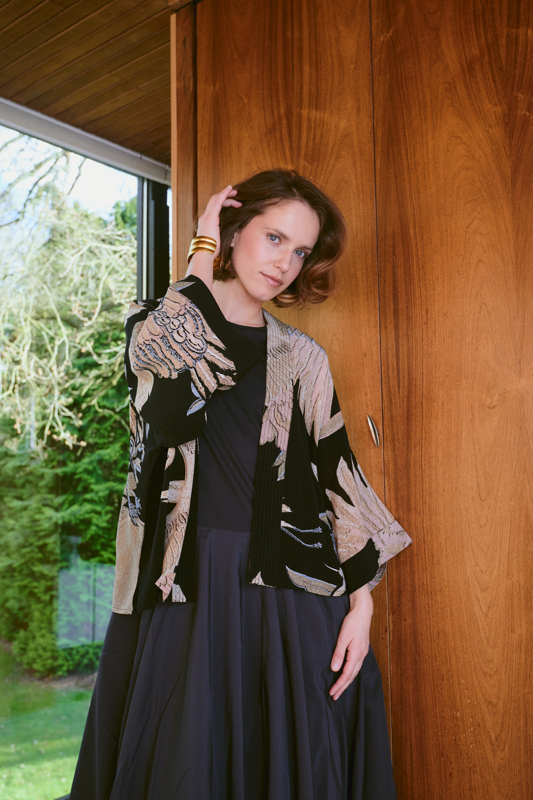 One Hundred Stars Print Short Crepe Kimono Jacket in Black Crane - CKMCRABLK