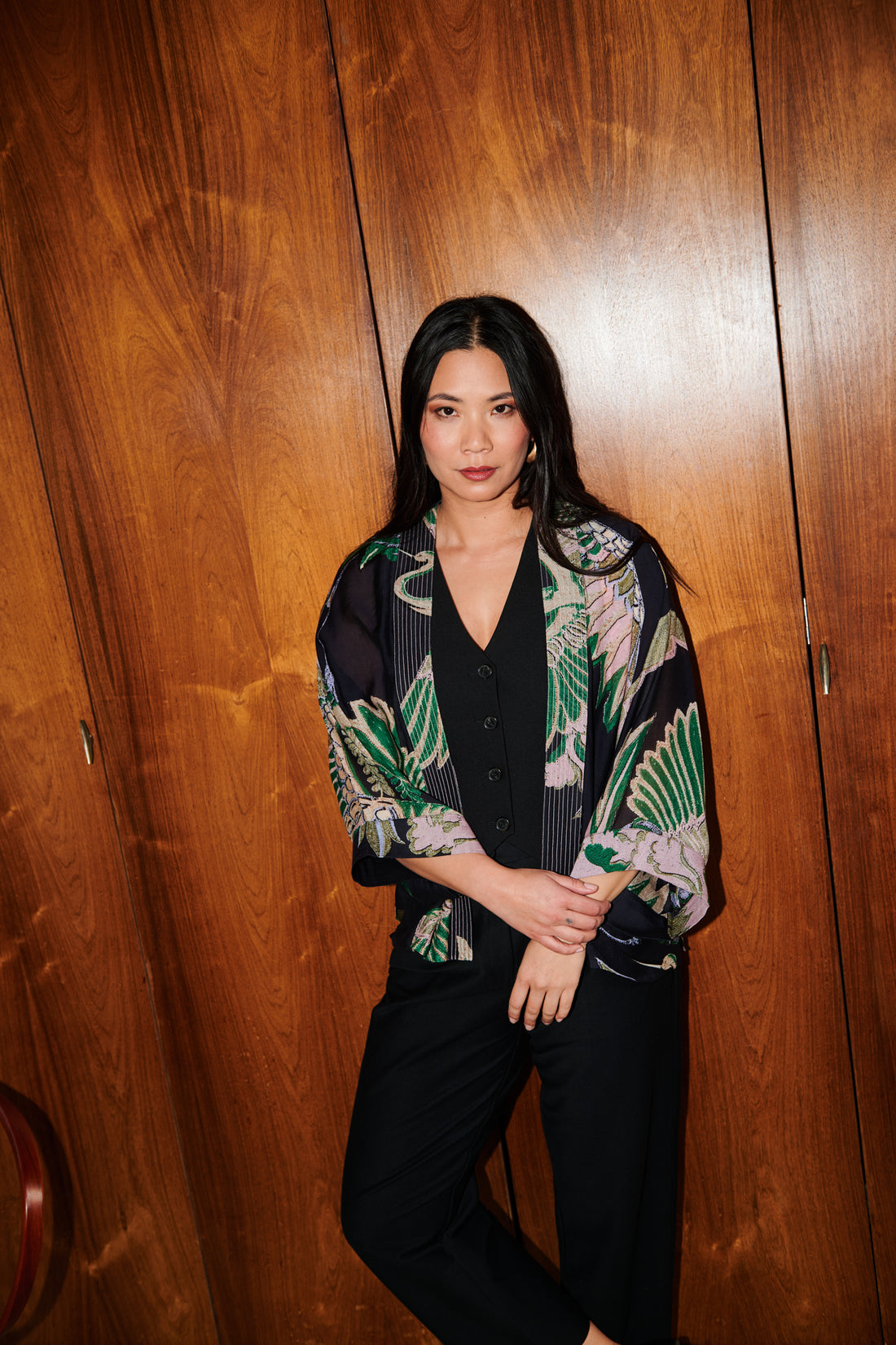 One Hundred Stars Print Short Kimono Jacket in Emerald Crane Print - KIMCRAEML