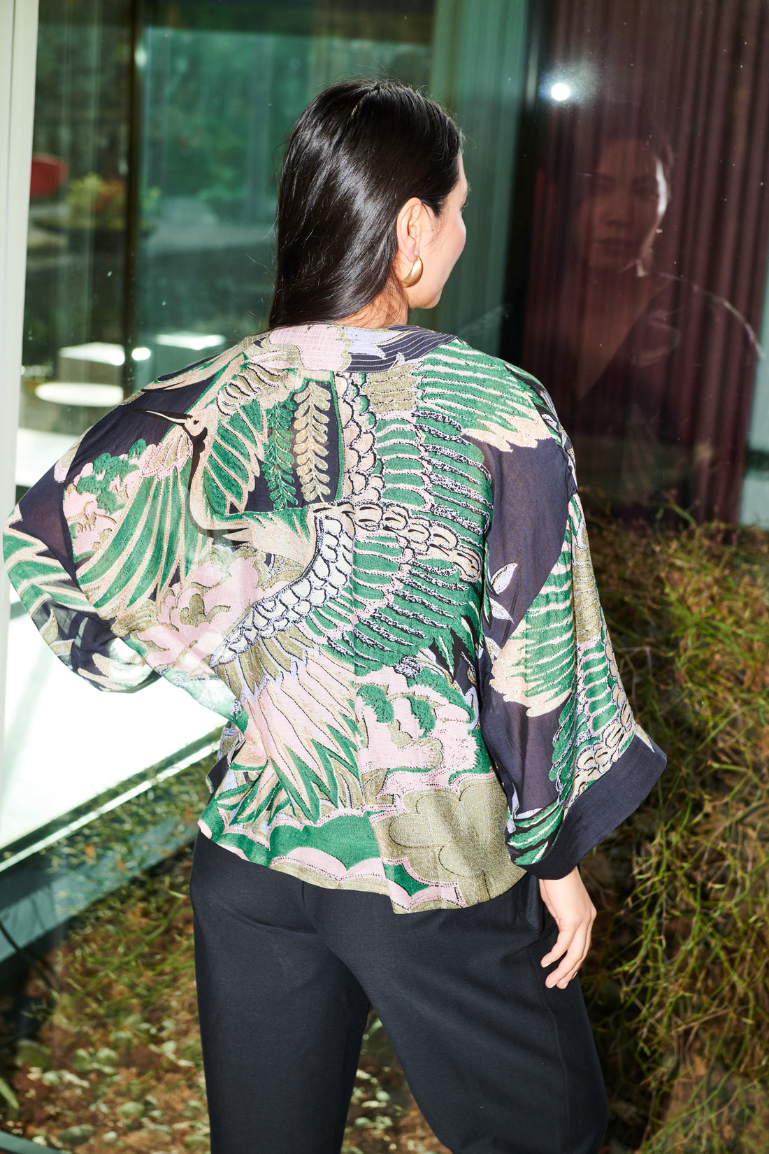 One Hundred Stars Print Short Kimono Jacket in Emerald Crane Print - KIMCRAEML