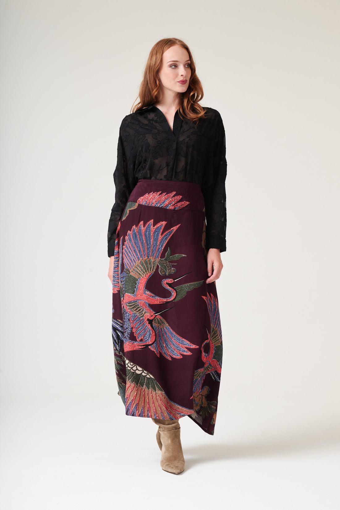 Crepe Skirt in Plum Crane Print by One Hundred Stars - SKICRAPLU