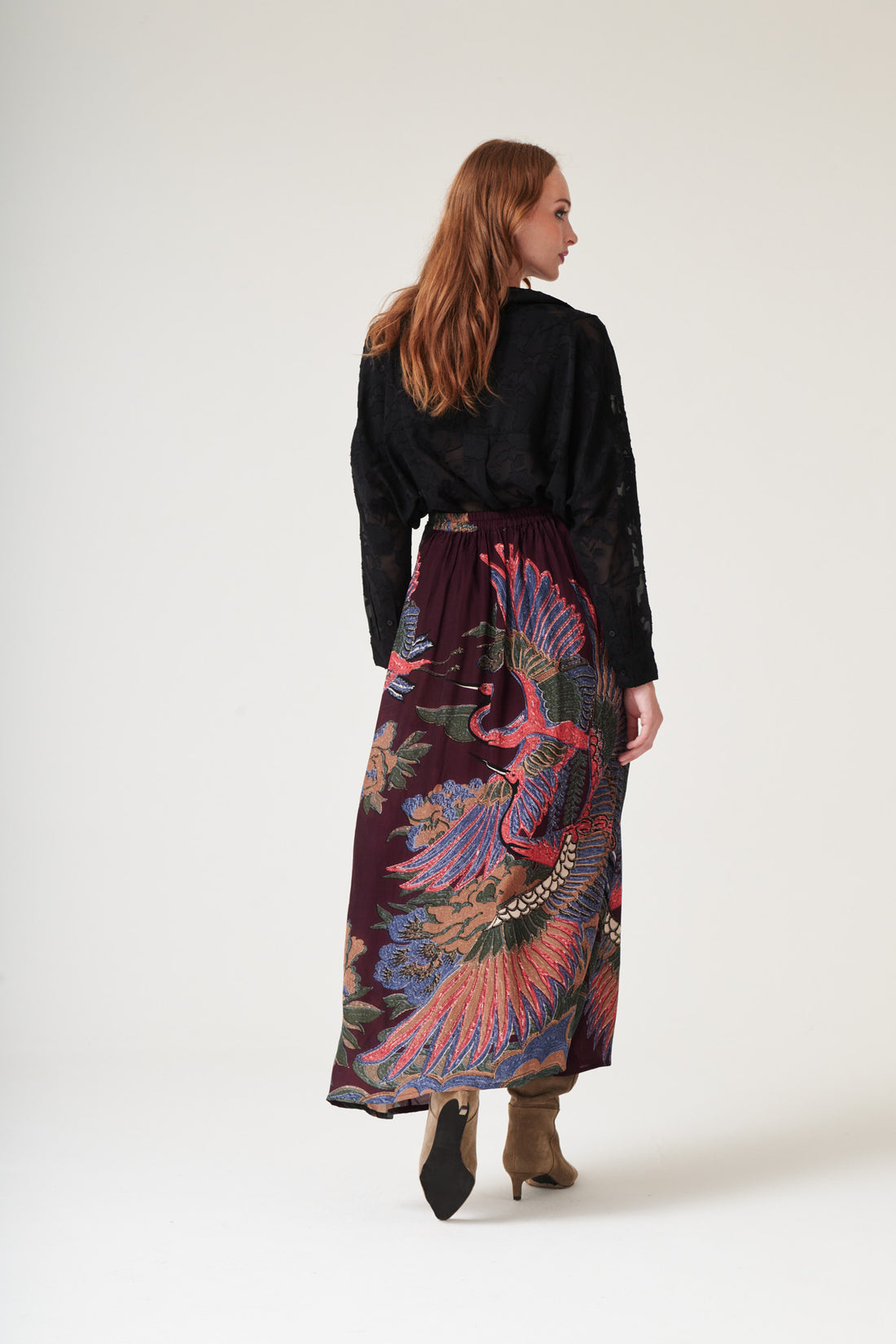 Crepe Skirt in Plum Crane Print by One Hundred Stars - SKICRAPLU