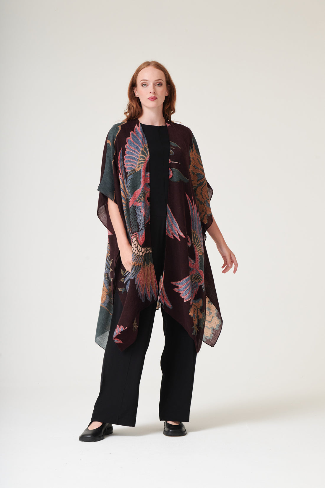 WOOL Throwover Kimono in Plum Crane Print - WTHCRAPLU