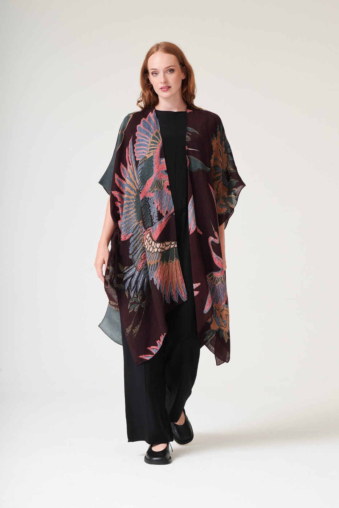 WOOL Throwover Kimono in Plum Crane Print - WTHCRAPLU