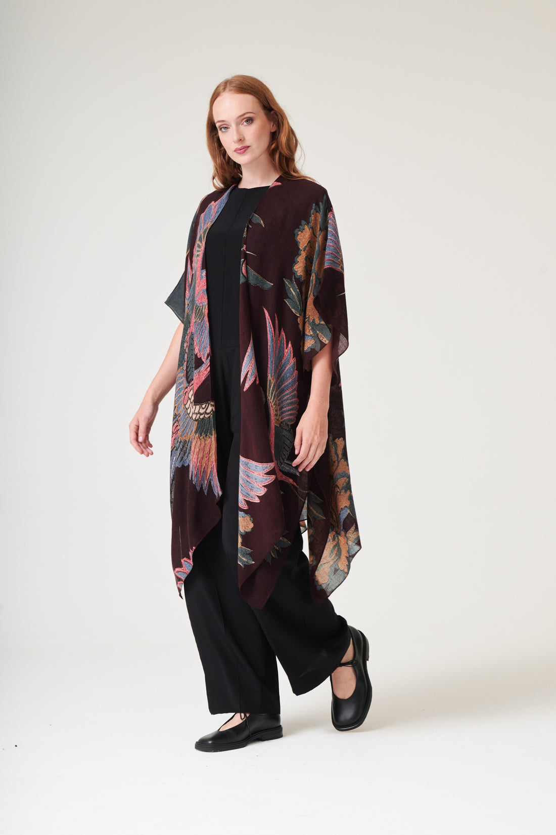 WOOL Throwover Kimono in Plum Crane Print - WTHCRAPLU