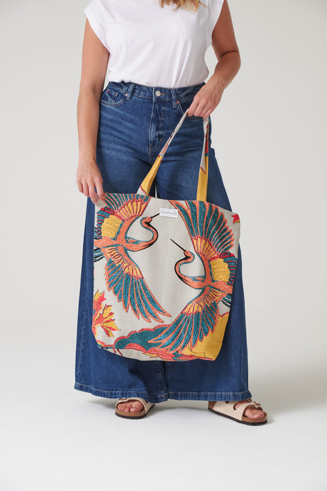 One Hundred Stars Large Canvas Shopper Bag in Stone Crane Print - BAGCRASTO
