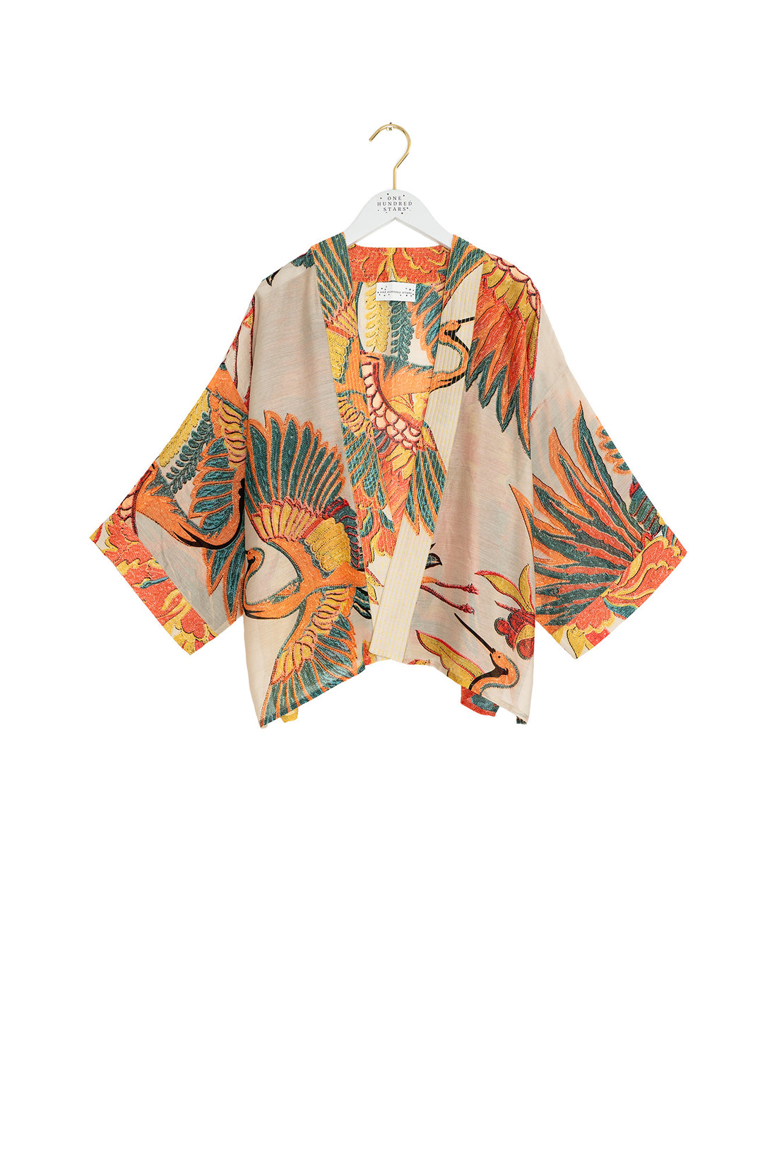 One Hundred Stars Lightweight Short Kimono Stone Crane Print - KIMCRASTO