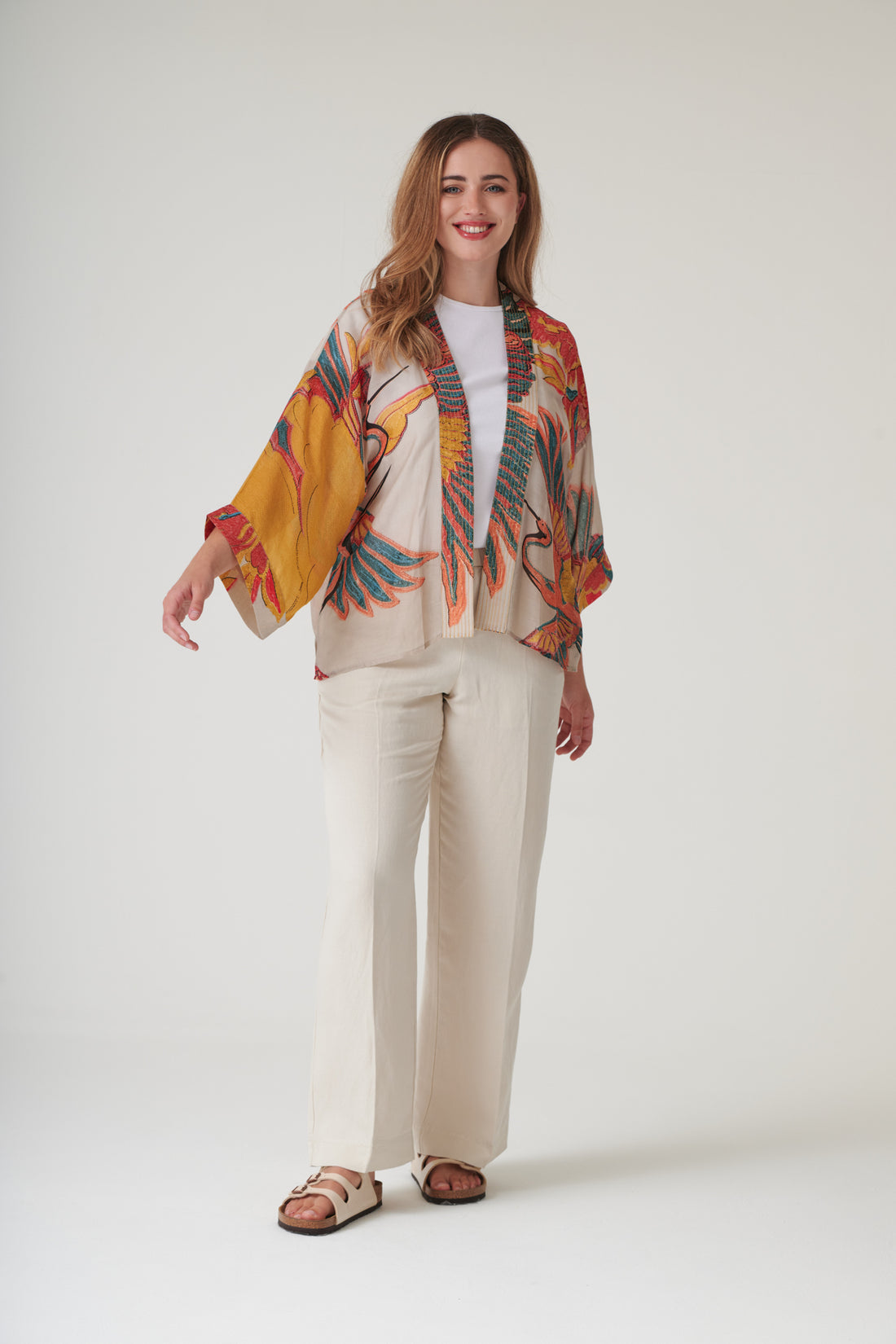 One Hundred Stars Lightweight Short Kimono Stone Crane Print - KIMCRASTO