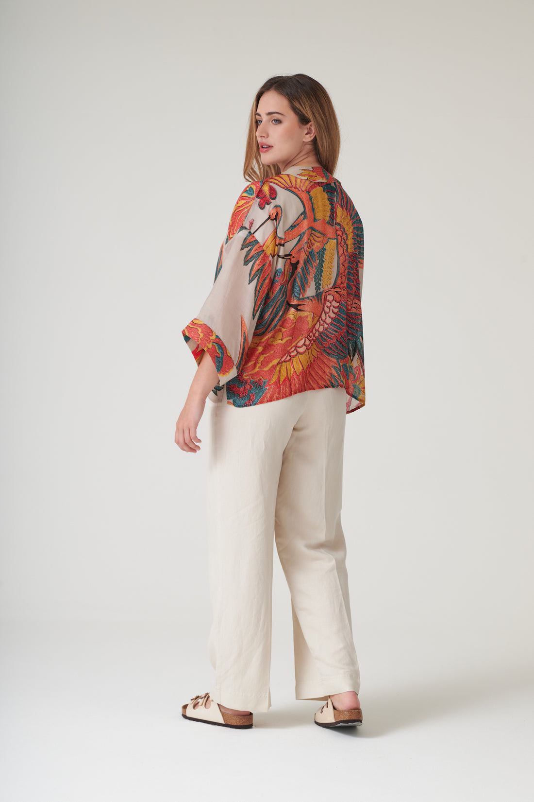 One Hundred Stars Lightweight Short Kimono Stone Crane Print - KIMCRASTO