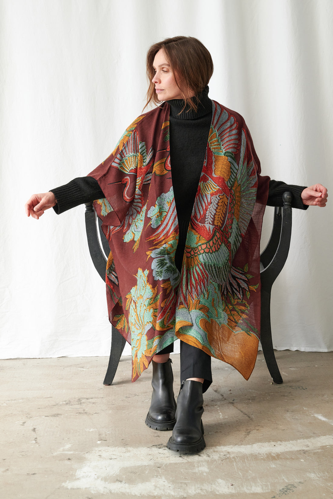 One Hundred Stars Wool Throwover in Brown Crane Print - WTHCRABWN