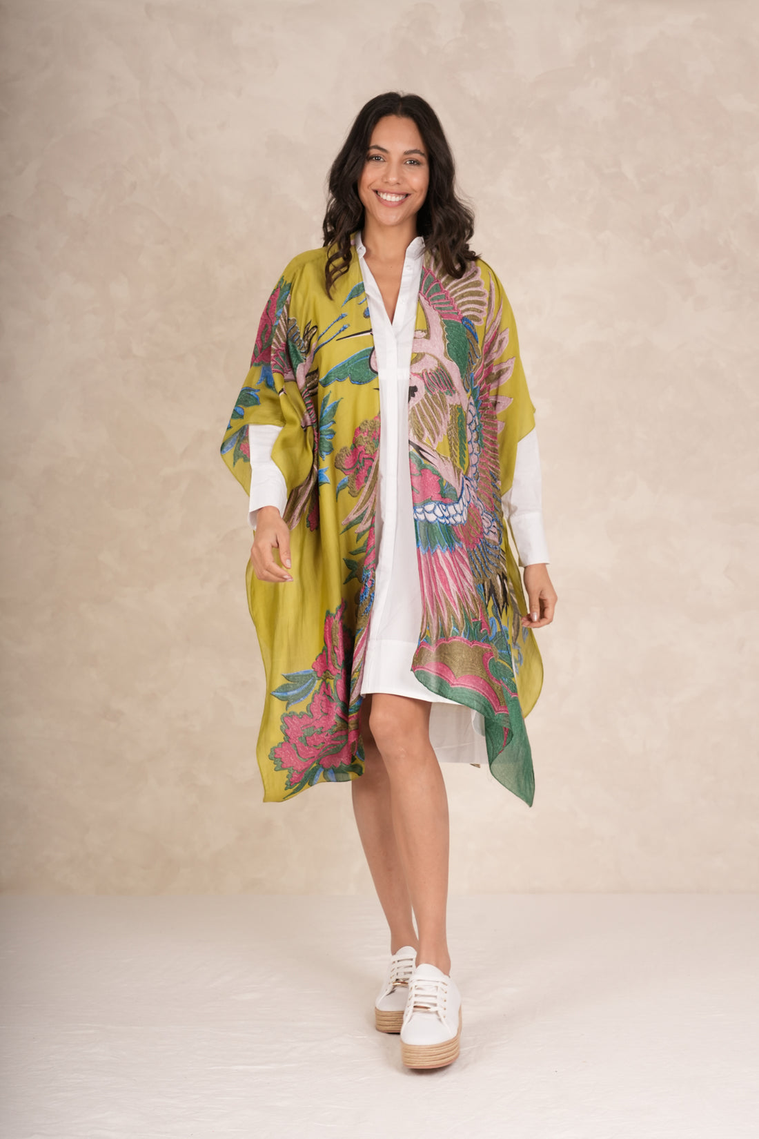 One Hundred Stars Mid Length Lightweight Throwover Kimono in Olive Green Crane Print - THRCRAOLI