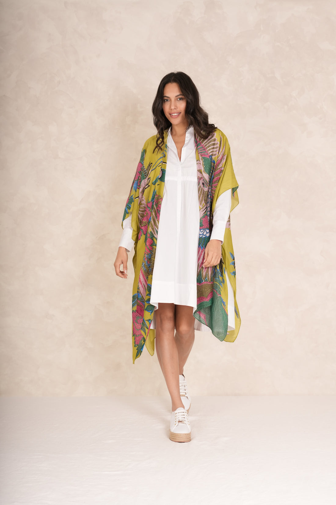 One Hundred Stars Mid Length Lightweight Throwover Kimono in Olive Green Crane Print - THRCRAOLI