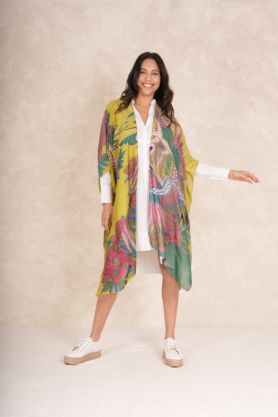 One Hundred Stars Mid Length Lightweight Throwover Kimono in Olive Green Crane Print - THRCRAOLI