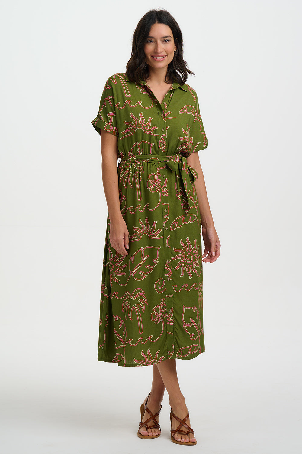 LEIGH Midi Shirt Dress in Green Tropical Line Drawing Print - D1438