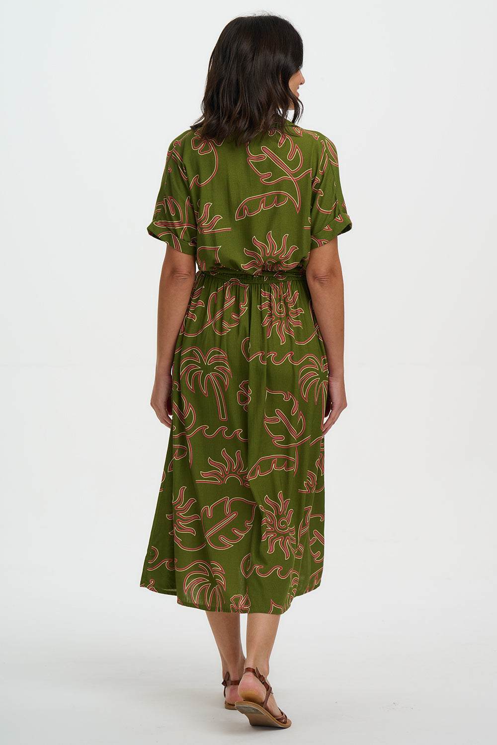 LEIGH Midi Shirt Dress in Green Tropical Line Drawing Print - D1438