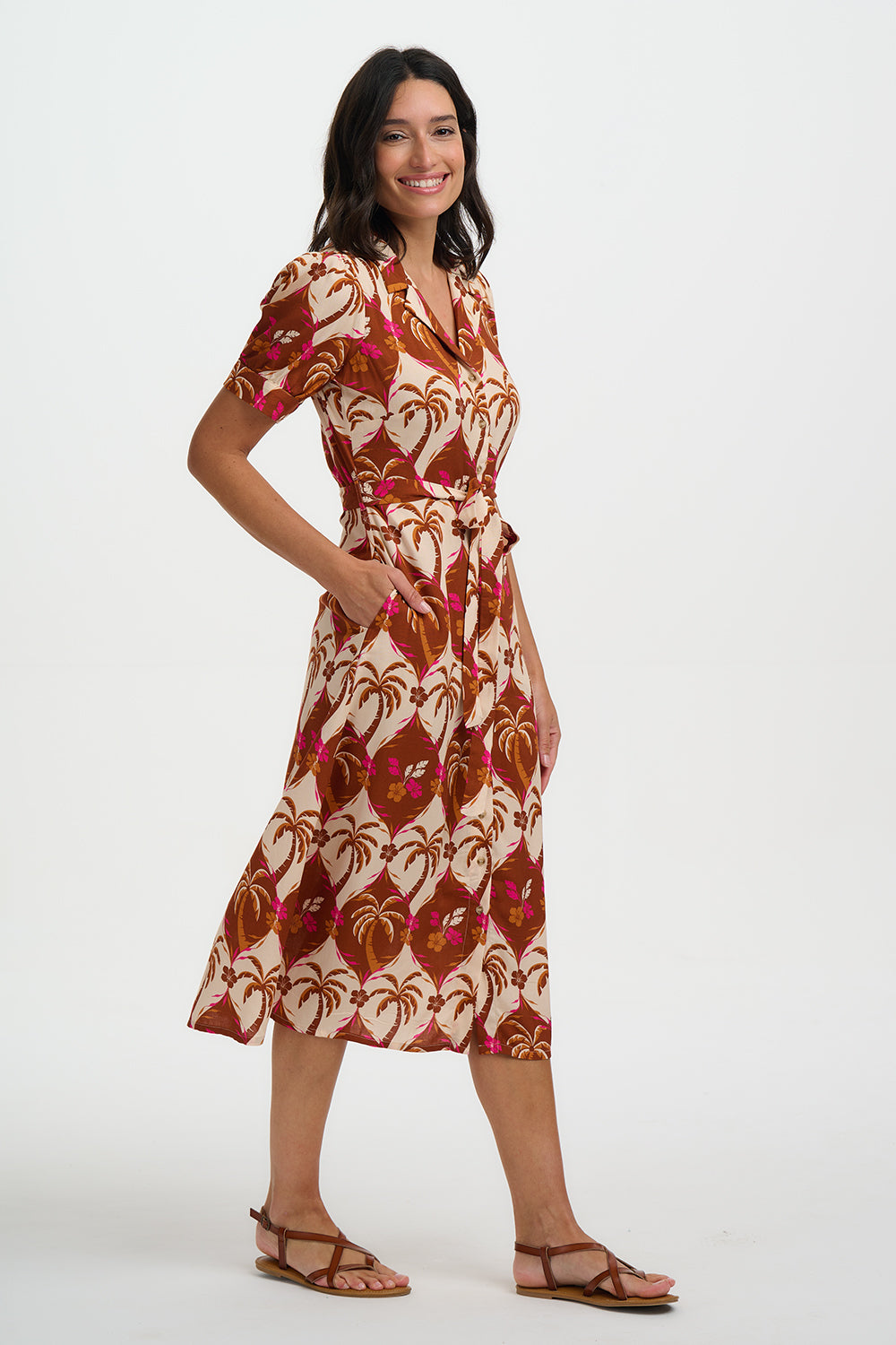 PENELOPE Midi Shirt Dress in Brown Palm Tile Print - D1439